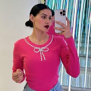 Elegant Pink Bow-Embellished Women's Top